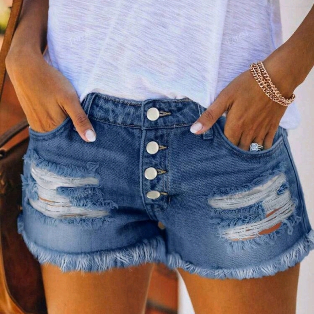Women's Blue Denim Distressed Button Up Shorts Size XL (12)